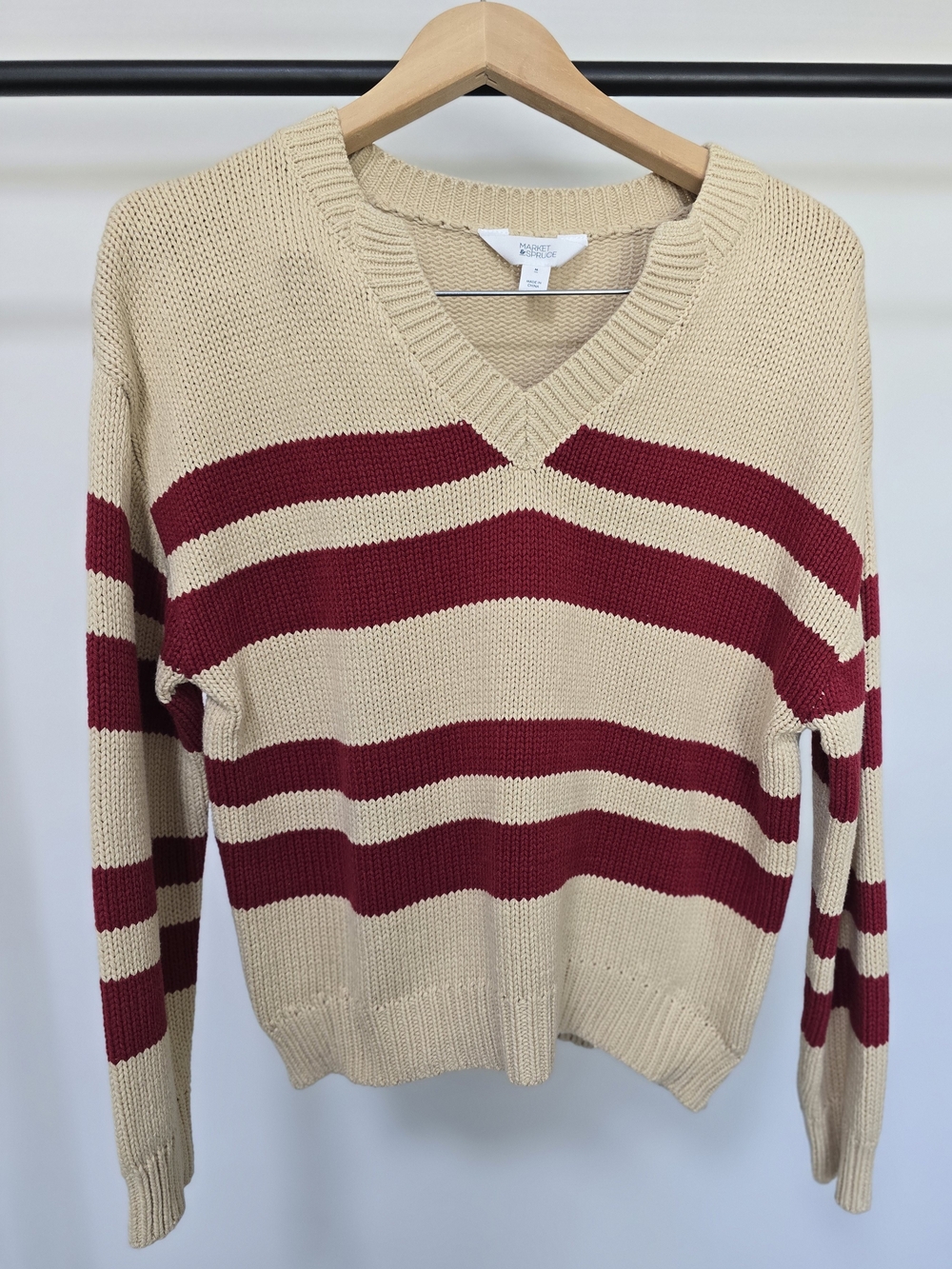 Market & Spruce Cream V-Neck Sweater with Red Stripes